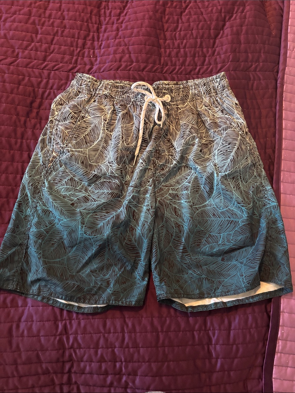 Teal Leaf-Print Swim Board Shorts with Drawstring Waist